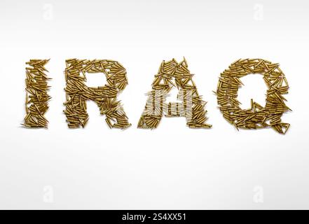 Concept de la guerre en Irak. L'Iraq mots tapés avec font de balles sur fond blanc. Banque D'Images