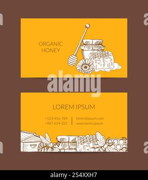 Modèle de carte de visite vectorielle pour le producteur de miel ou la boutique avec illustration esquissée d'éléments de thème de miel profilés. Modèle de carte de visite de vecteur pour le producteur de miel ou le magasin Illustration de Vecteur
