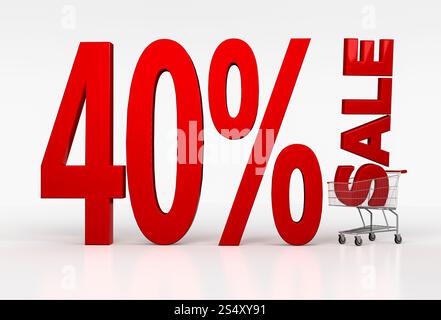 Big Red texte de 40 pour cent de remise dans votre panier sur fond blanc brillant. 3D render Banque D'Images