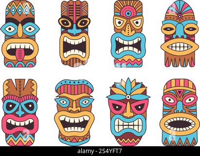 Illustrations du Dieu tiki hawaïen. Masque totem tribal, vecteur de visage coloré tribal totem. Illustrations du Dieu tiki hawaïen. Totem tribal Illustration de Vecteur