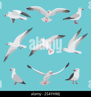 Set illustrations de mouettes de l'atlantique dans le style de bande dessinée. Photos d'oiseaux dans différentes poses. Oiseau mouette, vecteur animal de la nature de la faune. Set illustrations de mouettes de l'atlantique dans le style de bande dessinée. Photos d'oiseaux dans différentes poses Illustration de Vecteur
