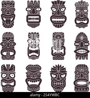 Ensemble d'illustrations vectorielles monochromes de Dieu tribal tiki. Totem tahitien blanc noir, idole Dieu hawaïen tiki avec dents et bouche. Ensemble d'illustrations vectorielles monochromes de Dieu tribal tiki Illustration de Vecteur