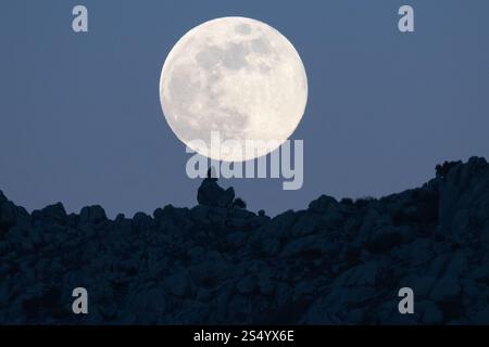 Madrid, Espagne. 13 janvier 2025. La pleine lune de janvier, connue sous le nom de Loup Moon, se lève au-dessus des formations rocheuses de la Sierra de Guadarrama au cours d'une froide nuit d'hiver. Crédit : Marcos del Mazo/Alamy Live News Banque D'Images