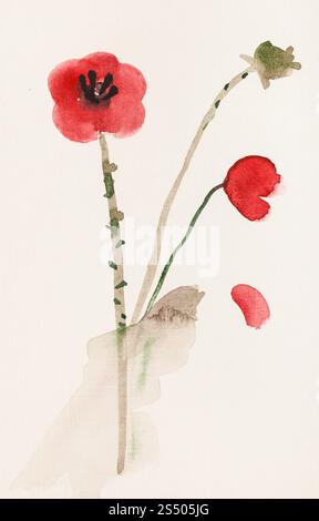 La formation en dessin suibokuga with style - croquis de fleurs de pavot rouge sur du papier de couleur ivoire Banque D'Images
