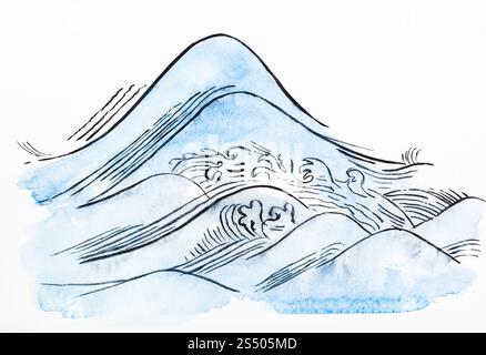 La formation en dessin suibokuga with style - vagues bleu sur papier blanc Banque D'Images