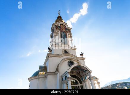 travel to Crimea - dome of Church-lighthouse of St. Nicholas the Wonderworker near Malorechenskoe village on Crimean Southern Coast of Black Sea Stock Photo