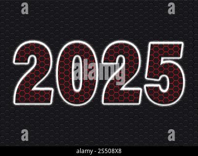Année 2025 avec texture nid d'abeilles futuriste sur fond noir avec lumière rouge luisante Banque D'Images