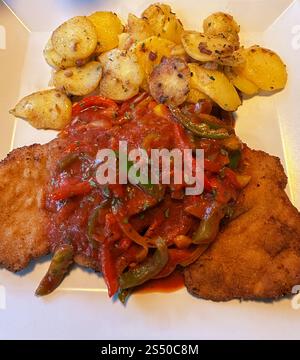 Paprika schnitzel avec pommes de terre frites sur une assiette blanche Banque D'Images
