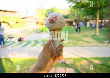 Femme tenant main cône de gaufrette avec crème glacée aux baies. Banque D'Images