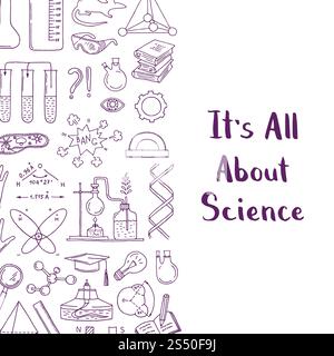 Bannière vectorielle et affiche avec fond d'éléments de science ou de chimie esquissés avec lettrage et place pour l'illustration de texte. Éléments de science vectorielle ou de chimie Illustration de Vecteur