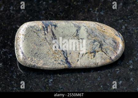 La prise de vue macro des eaux minérales naturelles rock - spécimen de l'arsénopyrite poli sur la pierre de granit noir de l'arrière-plan (Zabaykalye Transbaikalia), Russie Banque D'Images