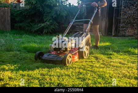 Tondeuse à gazon sur herbe verte. Machine pour couper des pelouses. Banque D'Images