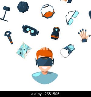 Illustration de concept vectoriel avec des éléments de réalité virtuelle de style plat volant au-dessus de la personne de l'homme dans des lunettes VR. Illustration de concept vectoriel avec des éléments de réalité virtuelle de style plat Illustration de Vecteur