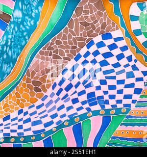 Ornement abstrait sur foulard soie dessiné en contour froide technique batik Banque D'Images