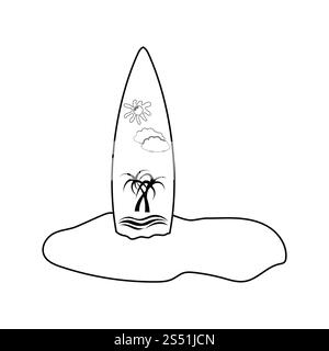 De l'icône coller surfboard en plage de sable fin. Fine ligne design. Vector illustration. Banque D'Images
