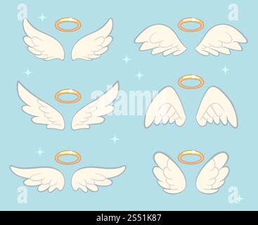 Ailes d'ange volantes avec nimbus doré. Ensemble de vecteurs de dessin animé d'aile angélique. Illustration de la collection de symboles sacrés. Ailes d'ange volantes avec nimbus doré. Ensemble de vecteurs de dessin animé d'aile angélique Illustration de Vecteur