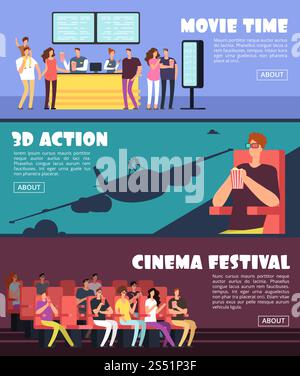 Les gens dans le cinéma, les bannières horizontales de film. La famille et les couples date au concept de vecteur de théâtre 3D. Cinéma de cinéma, illustration de bannière de divertissement. Les gens dans le cinéma, les bannières horizontales de film. La famille et les couples date au concept de vecteur de théâtre 3D. Illustration de Vecteur