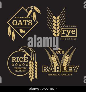 Logo de vecteur d'agriculture de grain de blé biologique d'or sur fond noir. Illustration du riz et de l'orge, du seigle et sur l'emblème. Logo de vecteur d'agriculture de grain de blé biologique d'or sur fond noir Illustration de Vecteur