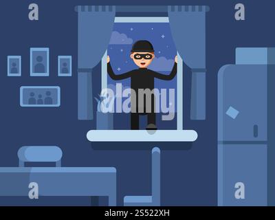 Le voleur s'est introduit par la fenêtre. Cambrioleur fenêtre cassée, voleur criminel dans le masque, illustration vectorielle. Le voleur s'est introduit par la fenêtre Illustration de Vecteur