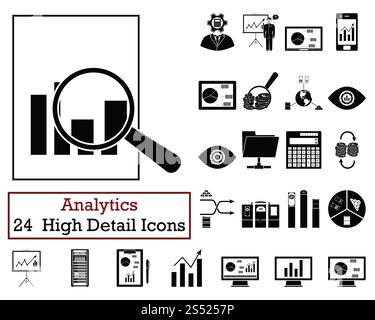 Ensemble de 24 icônes analytiques. Design couleur monochrome. Illustration vectorielle. Banque D'Images