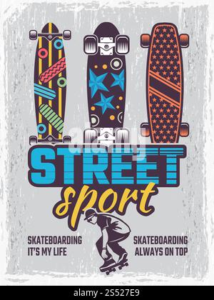 Affiche rétro avec des illustrations de skateboards colorés. Bannière de sport de rue de skateboard vectoriel, activité urbaine. Affiche rétro avec des illustrations de skateboards colorés Illustration de Vecteur