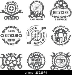 Étiquettes modèle de conception avec engrenages, chaînes et autres parties de bicyclette. Illustration d'emblème de vitesse de bicyclette vectorielle. Étiquettes modèle de conception avec engrenages, chaînes et autres parties de bicyclette Illustration de Vecteur