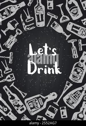 Bannière vectorielle et affiche dessinées à la main bouteilles de boisson d'alcool et fond de verres sur l'illustration noire de tableau noir. Vector dessiné à la main bouteilles de boisson d'alcool et fond de verres sur l'illustration noire de tableau noir Illustration de Vecteur