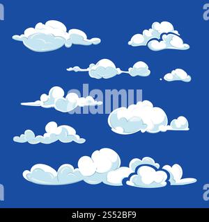Nuages vectoriels de dessin animé contre le ciel bleu. Illustration d'icône de nuages naturels. Nuages vectoriels de dessin animé contre le ciel bleu Banque D'Images