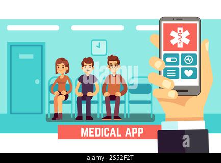 Application mobile pour téléphone médical. Concept de vecteur de soins de santé et d'hôpital avec les médecins et les patients. Santé web en ligne, hôpital en illustration téléphonique. Application mobile pour téléphone médical. Concept de vecteur de soins de santé et d'hôpital avec les médecins et les patients Illustration de Vecteur