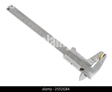 Voir ci-dessus de vieilles mesures étriers en acier vis laiton isolé sur fond blanc Banque D'Images