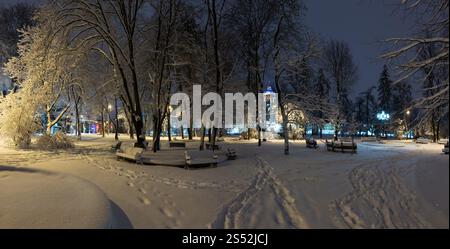 Belle nuit de Winter Park dans le centre-ville de Lviv (Ukraine) avec des arbres couverts de neige et de bancs. La Cathédrale de Saint Georges à ce jour. Banque D'Images
