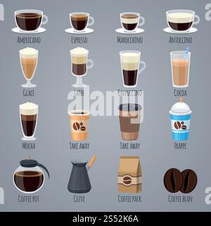 Espresso, latte, cappuccino dans des verres et des tasses. Types de café pour le menu du café. Les icônes vectorielles plates définissent la boisson à boire, illustration d'arôme de caféine du matin. Espresso, latte, cappuccino dans des verres et des tasses. Types de café pour le menu du café. Icônes vectorielles plates définies Illustration de Vecteur
