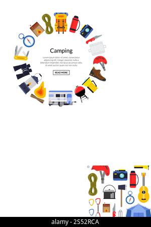 Vecteur éléments de camping de style plat en forme de cercle avec place pour le texte dans l'illustration ronde centrale. Illustration d'éléments de camping de style plat de vecteur Illustration de Vecteur