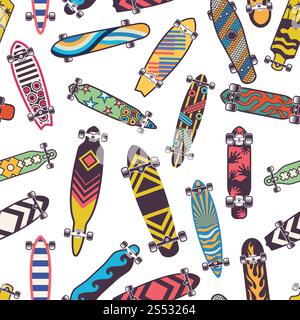 Motif sans couture coloré avec diverses planches à roulettes. Planche de skate pour fond de couleur de skateboard. Illustration vectorielle. Motif sans couture coloré avec diverses planches à roulettes Illustration de Vecteur