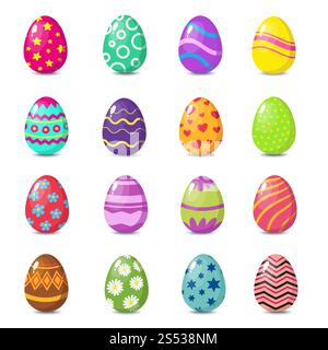 Oeufs de pâques colorés de bande dessinée avec des motifs floraux isolés ensemble de vecteur. Oeuf de Pâques pour le printemps de vacances avec motif fleur et illustration de coeur. Banque D'Images