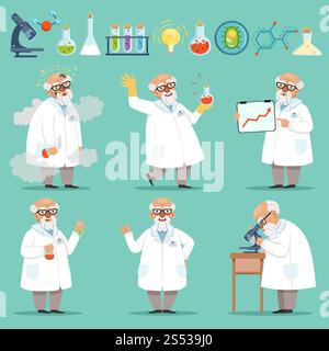Scientifique ou chimiste à son travail. Différents accessoires en laboratoire scientifique. Drôle scientifique chimiste expérience et illustration de recherche. Banque D'Images