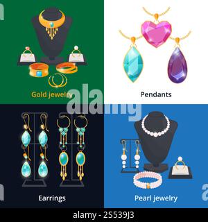 Bijouterie avec différents accessoires de luxe. Saphir, diamant et bracelet doré. Diamant et brillant, perle et bijoux, vecteur Banque D'Images