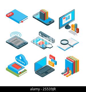 Icônes isométriques de livres électroniques et autres gadgets pour la lecture. Illustration vectorielle de livre électronique, ebook et e-Reader. Icônes isométriques de Banque D'Images