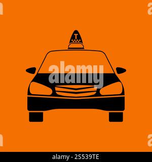 Vue avant de l'icône de taxi. Noir sur fond orange. Illustration vectorielle. Banque D'Images