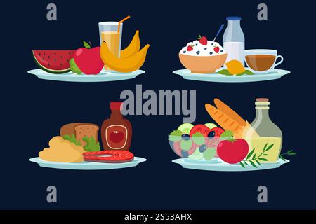 Repas de régime quotidien, aliments sains pour le petit déjeuner, le déjeuner, le dîner, icônes vectorielles de dessin animé. Repas sain avec illustration de légumes et de fruits. Repas de régime quotidien, aliments sains pour le petit déjeuner, le déjeuner, le dîner, icônes vectorielles de dessin animé Illustration de Vecteur