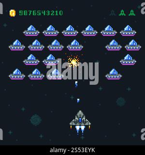 Écran de jeu d'arcade rétro avec des envahisseurs de pixels et vaisseau spatial. Space War Computer 8 bits vieux graphiques vectoriels. Jeu vidéo arcade, vaisseau spatial et fusée Banque D'Images