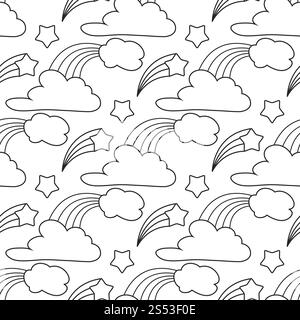Nuages, étoiles, motif de fond sans couture arc-en-ciel. Motif de dessin animé pour livre de coloriage pour enfants. Illustration vectorielle. Nuages, étoiles, arc-en-ciel sans couture Banque D'Images