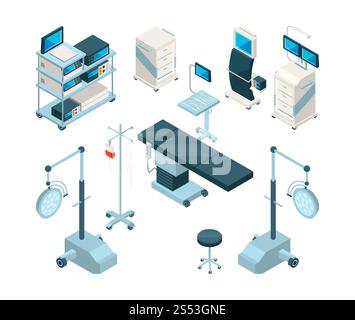 Illustrations isométriques de matériel médical en salle d'opération. Jeu de photos de l'hôpital. EQUIPEMENT médical pour clinique et vecteur d'opération. Isométrique Banque D'Images