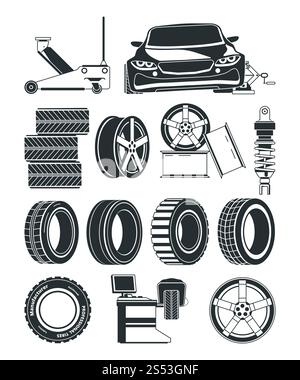Illustrations monochromes des symboles de service des pneus, des roues et des voitures. Pneu de réparation de service automatique, vecteur de vulcanisation de station. Illustrations monochromes Banque D'Images