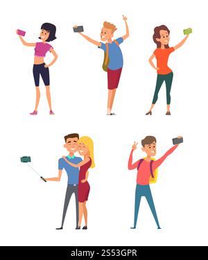 Différents personnages drôles font selfie sur leurs smartphones. Personnages vectoriels heureux avec l'appareil photo pour l'illustration de l'auto-photographie Banque D'Images