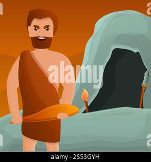 Fond de concept d'homme d'âge de pierre de chasseur. Illustration de dessin animé de fond de concept de vecteur d'homme d'âge de pierre de chasseur pour la conception de Web. Hunter Stone Age Man Banque D'Images