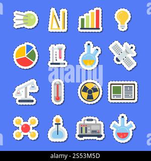 Autocollants d'icônes de science de style plat de vecteur avec des ombres définies. Recherche scientifique chimie et biologie, équipement de laboratoire et analyse au microscope Banque D'Images