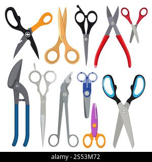 Illustrations vectorielles de différents types de ciseaux. Outil pour cheveux coupés. Illustrations vectorielles de différents types de ciseaux Banque D'Images