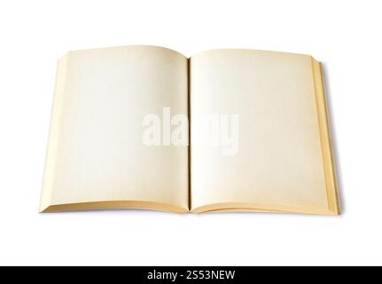 Vieille maquette de livre vierge ouvert, isolé sur blanc. Vue de dessus. Vieux livre blanc ouvert isolé sur blanc Banque D'Images