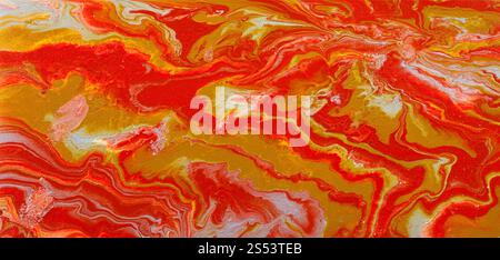 Photo abstrait peint à la main en acrylique technique de peinture liquide débit par rouge, gris et jaune peint sur toile Banque D'Images